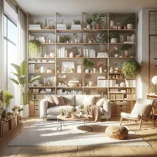 Photorealistic tidy, sunlit Australian living room with organized shelves and indoor plants