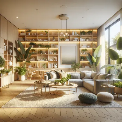 Ultra-organized modern Australian living room with minimalist decor, plenty of storage, and natural light