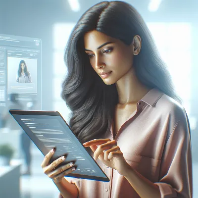 Photorealistic image of a user submitting an online form on a tablet