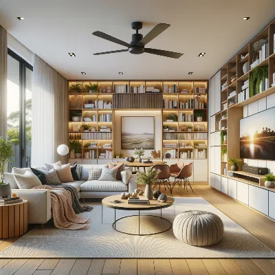 Photorealistic organized Australian living room with natural light, cozy decor, and clever storage